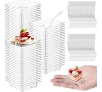 KAHEIGN 100 Pezzi Piatti da Aperitivo in Plastica con Cucchiai, 6CM Piatto Quadrato per Degustazione Dessert Ciotole Trasparenti per Antipasti Parfait Piatti da Portata Riutilizzabili per Campione
