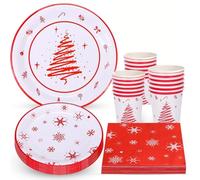 KAHEIGN 100 Pezzi Stoviglie di Carta per Feste Natalizie, 25 x 9 Pollici Piatti Piani, 25 x 7 Pollici Piatti da Insalata, 25 x 360ml Bicchieri, 25 x 16CM Tovaglioli - per Natale Feste Decorazioni