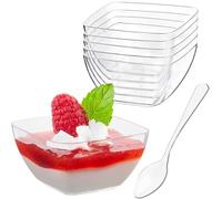 KAHEIGN 100 Pezzi Tazze da Dessert in Plastica con Cucchiai, 60ml Quadrato Coppetta Trasparente per Antipasti Ciotola da Portata Riutilizzabile con Cucchiaio per Dessert Budino Mousse Festa (5 x 3cm)