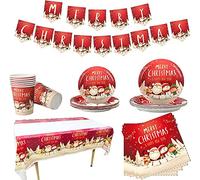 KAHEIGN 118 Pezzi Stoviglie per Feste di Natale, 1 x Tovaglia, 1 x Striscione, 20 x Tovaglioli, 16 x Tazze, 16 x Piatti da 7 Pollici e 8,6 Pollici, 16 x Riutilizzabili Coltello, Forchetta & Cucchiaio
