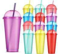 KAHEIGN 12 Pezzi 710ml Bicchieri di Plastica con Coperchi a Cupola e Cannucce, Riutilizzabile Tazze D'acqua Colorate Glitterate Bicchiere per Bambini Carini per Potabile Caffè Acqua (6 Colori)