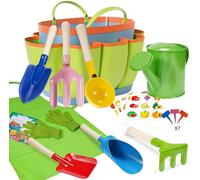 KAHEIGN 12 Pezzi Attrezzi da Giardinaggio per Bambini, 20CM Metallo Cucchiaio Forchetta Paletta Rastrello Pala Cilindrica Pala con Borsa Annaffiatoio Guanti Adesivi per Cortile Prato Scavare Giocare