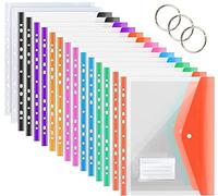 KAHEIGN 16 Pezzi Tasche Perforate Espandibili, 8 Colori Portafogli in Plastica A4 File di Documenti Cartelle Popper Raccoglitore ad Anelli A4 con Chiusura a Scatto, Tasca per Etichetta e Anello