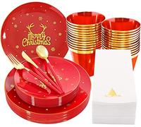 KAHEIGN 175 Pezzi Riutilizzabile Stoviglie di Natale in Plastica Rosso con Bordo Oro -25 Piatti Piani, 25 Piatti Insalata, 25 Coltelli, 25 Forchette, 25 Cucchiai, 25 Tovaglioli per 25 Ospiti Festa