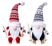 KAHEIGN 2 Pezzi Gnomi dello Sci di Natale, Bambola di Peluche Gonk Fatta a Mano Gnomi Svedesi Tomte Elfo Nano con Legno Sci e Bastoncini da Sci per Decorazioni Feste di Natale (35CM x 15CM)