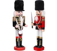 KAHEIGN 2 Pezzi Soldati Schiaccianoci di Legno, 2 Stile 30CM Figure Tradizionali dello Schiaccianoci di Natale Soldato Dipinto in Legno di Pino Premium per Casa Camino Decorazione (Tamburo & Spada)