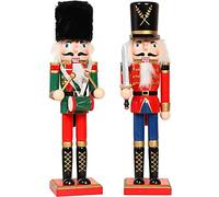 KAHEIGN 2 Pezzi Soldati Schiaccianoci di Legno, 2 Stile 30CM Figure Tradizionali dello Schiaccianoci di Natale Soldato Dipinto in Legno di Pino Premium per Casa Camino Decorazione (Tamburo & Spada)