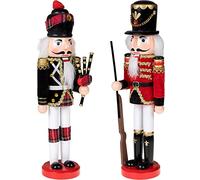 KAHEIGN 2 Pezzi Soldati Schiaccianoci di Legno, 2 Stile 30CM Figure Tradizionali dello Schiaccianoci di Natale Soldato Dipinto in Legno di Pino Premium per Casa Camino Decorazione (Cornamus & Pistola)