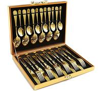 KAHEIGN 24 Pezzi Argenteria D'oro, Oro Forgiato PosateiIn Acciaio Inossidabile, 6 x Coltello per Cena, 6 x Cucchiaio per Cena, 6 x Forchetta per Cena, 6 x Cucchiaino, Stoviglie Lucidate per Festa