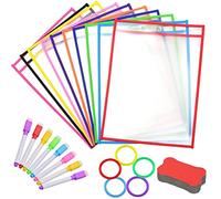 KAHEIGN 24Pz Tasche Cancellabili A Secco Set, 36 x 26cm Tasche Riutilizzabili Per Scrivere E Pulire, Con Gomma Da Cancellare A Formaca Di Osso, 8Pz Cancella Penne, 5Pz Portachiavi (10 Colori)