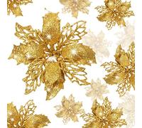 KAHEIGN 36 Pezzi Fiori di Poinsettia di Natale, Glitter Oro Fiori Artificiali della Stella di Natale Addobbi per L'albero di Natale per Matrimonio Corona di Natale Festa a Casa Decoro (3 Taglia)