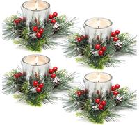 KAHEIGN 4 Pezzi Anelli per Candele Natalizie, 20CM Ghirlanda di Bacche Rosse Artificiali Anelli con Aghi di Pino Innevati per Pilastri Rustico Matrimonio Natale Festa Porta Tavolo Decorazione
