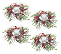 KAHEIGN 4 Pezzi Anelli per Candele Natalizie, 21CM Ghirlanda di Bacche Rosse Artificiali Anelli con Aghi di Pino Norfolk Innevati per Pilastri Rustico Matrimonio Natale Festa Porta Tavolo Decorazione