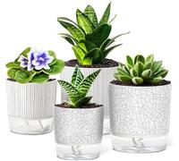 KAHEIGN 4 Pezzi Vasi Autoirriganti, 11CM + 14CM Marmo Vaso per Fiori in Plastica da Giardino con Foro di Drenaggio e Serbatoio di Grande Capacità - Vasi per Aloe Erbe Orchidea Piante Succulente