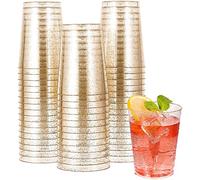 KAHEIGN 50 bicchieri da festa in plastica con glitter dorati, 300 ml, ciotole da dessert rotonde in plastica trasparente riutilizzabile per whisky budino schiuma party (7,5 x 9,5 cm)