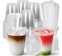 KAHEIGN 50 Pezzi Bicchieri di Plastica Trasparenti con Coperchio e Cannucce di Carta, 360ml Bicchiere da Caffè in Plastica Riutilizzabile per Freddo Caffè Frullato Frappè Freddo Bevande Festa Catering