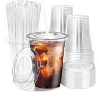 KAHEIGN 50 Pezzi Bicchieri di Plastica Trasparenti con Coperchio e Cannucce di Carta, 480ml Bicchiere da Caffè in Plastica Riutilizzabile per Freddo Caffè Frullato Frappè Freddo Bevande Festa Catering