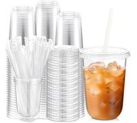 KAHEIGN 50 Pezzi Bicchieri di Plastica Trasparenti con Coperchio e Cannucce di Carta, 480ml Bicchiere da Caffè in Plastica Riutilizzabile per Freddo Caffè Frullato Frappè Freddo Bevande Festa Catering