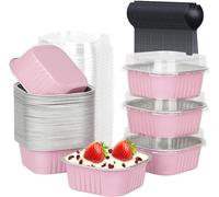 KAHEIGN 50 Pezzi Mini Teglie per Pane con Coperchi e Cucchiai, 150ml Pentole Quadrate in Foglio di Alluminio con Adesivo Sigillante per Pane Torta Nozze Compleanno Picnic Festa (Rosa Argento)