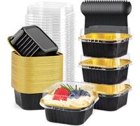 KAHEIGN 50 Pezzi Mini Teglie per Pane con Coperchi e Cucchiai, 150ml Pentole Quadrate in Foglio di Alluminio con Adesivo Sigillante per Pane Torta Nozze Compleanno Picnic Festa (Oro Nero)