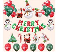 KAHEIGN 50 Pz Kit Decorazione Palloncini Natalizi, Buon Natale Banner, 10 Pezzi Babbo Natale Pupazzo di Neve Palloncino Foil, 26 Pz Verde Rosso Palloncini Ad Arco