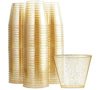KAHEIGN 60Pz Glitter Oro Bicchieri di Plastica, 270ml Tazze Da Dessert Rotonde Tazza Trasparente Per Antipasto Semifreddo Bicchieri Da Portata Riutilizzabili per Whisky Bere Gelatina (7 x 8,5 cm)
