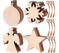KAHEIGN 80 Pz Ornamenti Natalizi in Legno, Lanterna Fiocco di Neve Angelo Stella Forma Ornamenti di Legno della Fetta - con 80 Pezzi di Cordini per Appendere