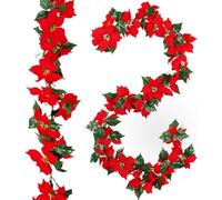 KAHEIGN Ghirlanda di Poinsettia di Natale, 200CM Ghirlanda di Stelle di Natale Artificiali Flessibile con Fiori Rossi e Foglie di Agrifoglio per L'inverno Natale Capodanno Festa Decorazione