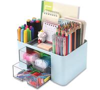 KAHEIGN Organizzatore da Scrivania con 2 Cassetti, 19CM x 14CM Organizer da Scrivania Multifunzionale Portapenne di Grande Capacità Organizzatore di Trucchi per Ufficio Scuola Casa Tavolo (Blu)