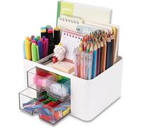 KAHEIGN Organizzatore da Scrivania con 2 Cassetti, 19CM x 14CM Organizer da Scrivania Multifunzionale Portapenne di Grande Capacità Organizzatore di Trucchi per Ufficio Scuola Casa Tavolo (Bianco)