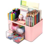 KAHEIGN Organizzatore da Scrivania con 2 Cassetti, 19CM x 14CM Organizer da Scrivania Multifunzionale Portapenne di Grande Capacità Organizzatore di Trucchi per Ufficio Scuola Casa Tavolo (Rosa)