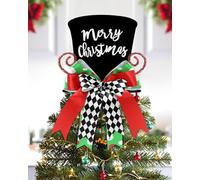 KAHEIGN Puntale per Albero di Natale 25CM Grande Nero Cappello a Cilindro con Pan di Zenzero e Fiocco a Quadri per Casa Inverno Festa Decorazione Desktop Ornamenti