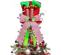 KAHEIGN Punte per Albero di Natale, 25CM Grande Rosso Puntale per Albero di Natale Cappello a Cilindro con Gambe da Elfo e Nastro a Strisce per Casa Natale Inverno Festa Decorazione Desktop Ornamenti