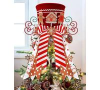 KAHEIGN Punte per Albero di Natale, 25CM Grande Rosso Puntale per Albero di Natale Cappello a Cilindro con Pan di Zenzero e Fiocco a Righe per Casa Natale Inverno Festa Decorazione Desktop Ornamenti