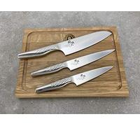 Kai Seki Magoroku Shoso set professionale | Coltello interamente in acciaio | Coltello da cuoco + 2 coltelli universali + tavola di quercia 30x22 cm prezzo al dettaglio: 199, - €