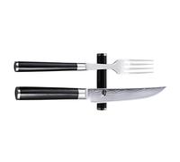 KAI Shun Classic set di posate giapponesi 3 pezzi - Coltello da bistecca lunghezza lama 12 cm Damascato 32 strati VG MAX Core - 61 HRC + Forchetta in acciaio inox di alta qualità + Poggia coltello