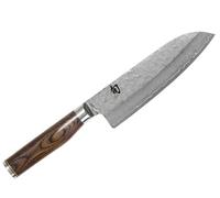 KAI Shun Premier Tim Mälzer Santoku 18 cm lunghezza lama - Nucleo VG-MAX 61 HRC, 32 strati di damasco lucidato a specchio - Legno Pakka venato marrone medio - Superficie martellata - Made in Japan