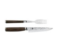 KAI Shun Premier Tim Mälzer set di posate giapponesi 2 pezzi - Forchetta lunghezza totale 22 cm + Coltello da bistecca lunghezza totale 25 cm - Coltelli damascati 32 strati VG MAX Core - 61 (±1) HRC
