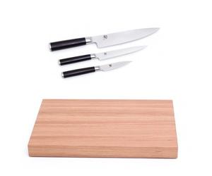 KAI Tagliere/Messer Set - Tagliere in quercia chiara con piedini in gomma antiscivolo - Coltello da officina lunghezza lama 9 cm, Coltello multiuso lunghezza lama 15 cm, Santoku lunghezza lama 18 cm