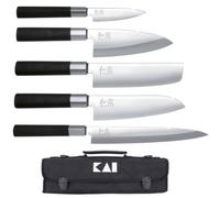 KAI Wasabi Black custodia per coltelli attrezzata - Coltello multiuso 10 cm, Deba 15 cm, Nakiri 16,5 cm, Santoku 16,5 cm, Yanagiba 21 cm - acciaio inossidabile 6A/1K6 lucidato 58 (±1) HRC manico nero