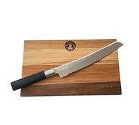 Kai Wasabi Black Offerta Set | Coltello da pane Wasabi, lama da 23 cm con bordo seghettato + tavola in legno di botte fatta a mano 30x18 cm