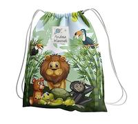 KAÏDENSÏ Sacca Asilo con Nome Tema Giungla - 32x40cm, Tasca Interna 20x10cm | Personalizzabile con spazio per targhetta con nome o foto, tasca interna con zip, capiente, per nido, materna e scuola