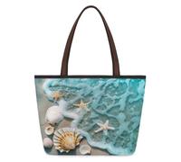 Kaifanee Borsa da donna in tela grande capacità borsa pieghevole | Borsa a tracolla riutilizzabile con stella marina, spiaggia, onde marine, conchiglie, borsa a tracolla per lavoro quotidiano