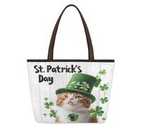 Kaifanee Borsa da donna in tela grande capacità borsa pieghevole | Borsa a tracolla riutilizzabile per il giorno di San Patrizio con gatto carino con cappello verde borsa a tracolla per lavoro
