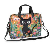 Kaifanee Borsa per computer portatile da 40,6 cm, borsa a tracolla per laptop o tablet, gatto nero tra i fiori, stampa floreale da giardino, borsa da lavoro, borsa da lavoro, regalo per uomini e donne