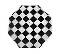 Kaifanee Ombrello pieghevole con apertura automatica, bianco e nero, motivo astratto a scacchi, resistente ai raggi UV, automatico, portatile, leggero, per adulti e bambini