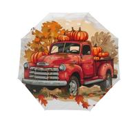 Kaifanee Ombrello pieghevole con apertura automatica, camion rosso con foglie autunnali, stampa di fattoria, resistente ai raggi UV, automatico, portatile, leggero, per adulti e bambini