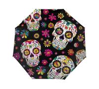 Kaifanee Ombrello pieghevole con apertura automatica e chiusura automatica, teschio di zucchero, scheletro di Halloween, motivo floreale del giorno dei morti, resistente ai raggi UV, portatile