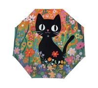 Kaifanee Ombrello pieghevole con apertura automatica e chiusura, gatto nero tra i fiori, stampa floreale, resistente ai raggi UV, automatico, portatile, leggero, per adulti e bambini