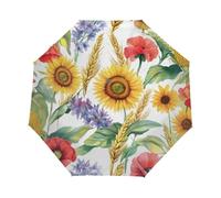 Kaifanee Ombrello pieghevole con apertura automatica e chiusura, girasoli, papaveri, mais, resistente ai raggi UV, automatico, portatile, leggero, per adulti e bambini